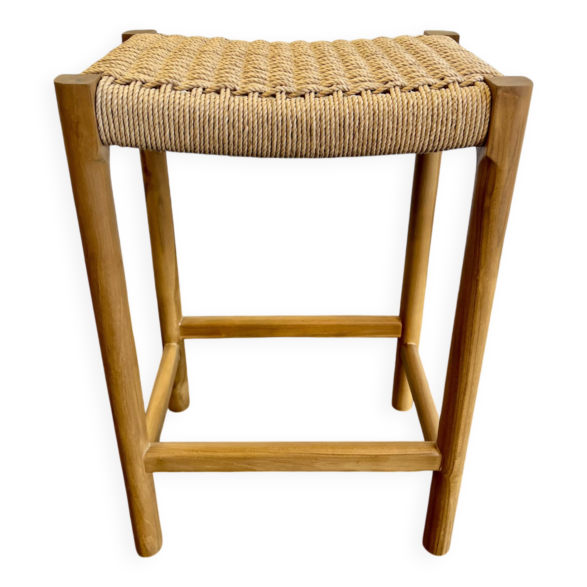 Tabouret en bois massif avec assise tissée à la main