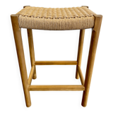 Solid wood stool with hand-woven seat
