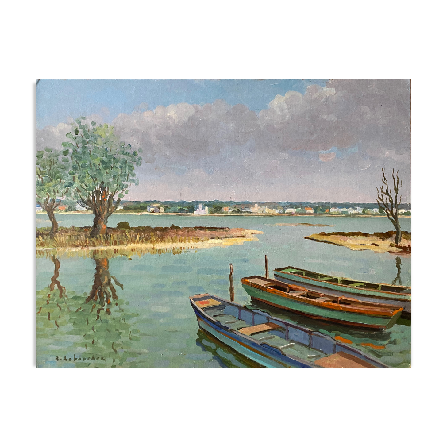 HST painting "Boats in lagoon" Marine Normandy Brittany by Robert Leboucher