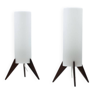 Pair of dark wood & acrylic rocket table lamps by Luxus, Sweden, 1960s