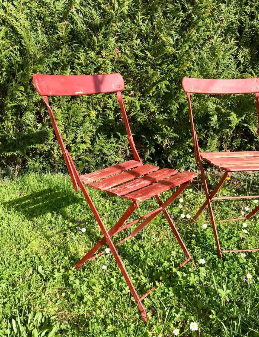 set of 4 folding iron and wood garden chairs early twentieth century