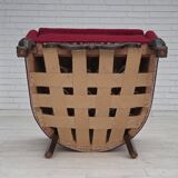 1950s, Danish armchair, red and light grey furniture wool, carved oak wood.