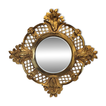 Miroir convexe "Witch mirror", cadre en bronze doré, années 50 - France