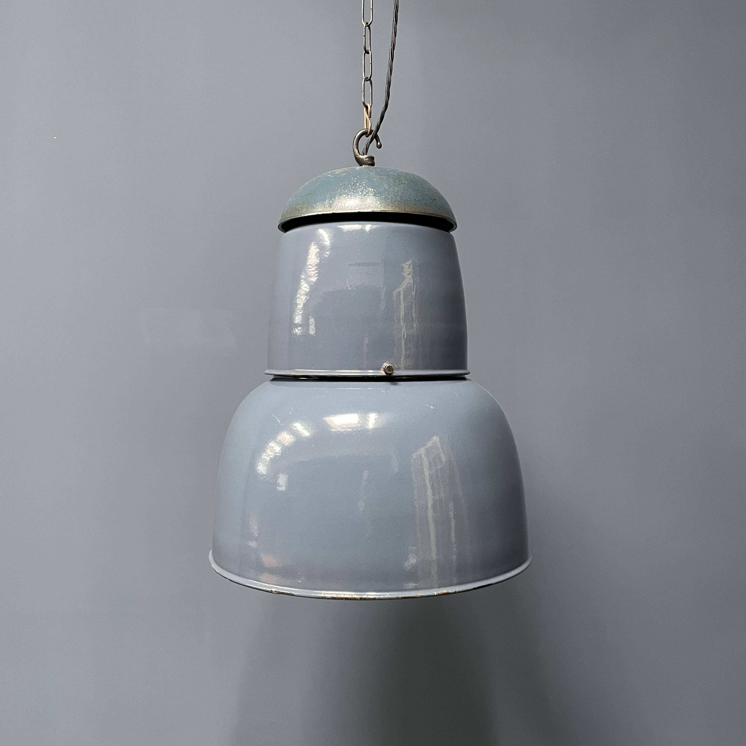 Large old industrial blue-gray enamel pendant lamp