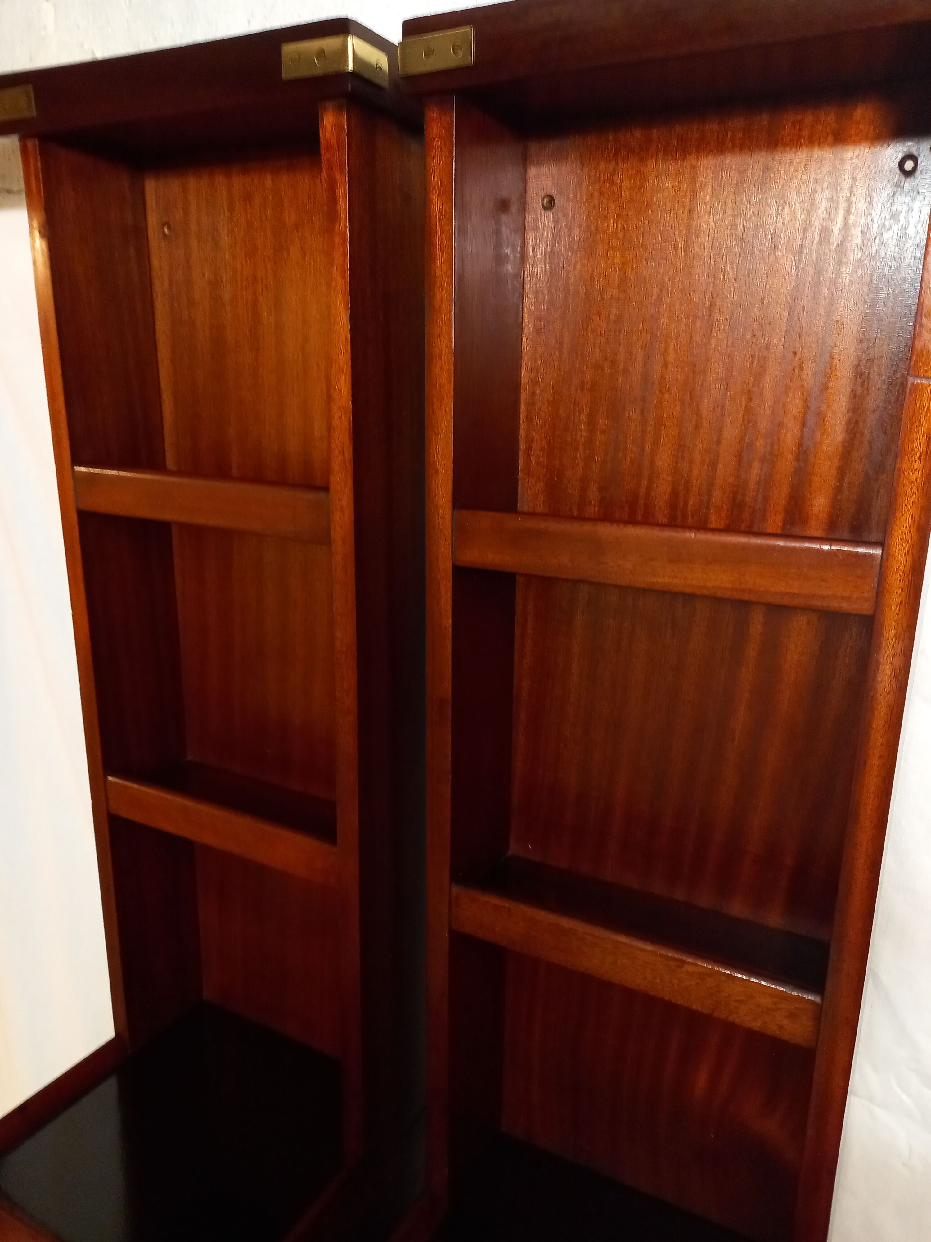 Pair of bedside tables with mahogany and brass shelf