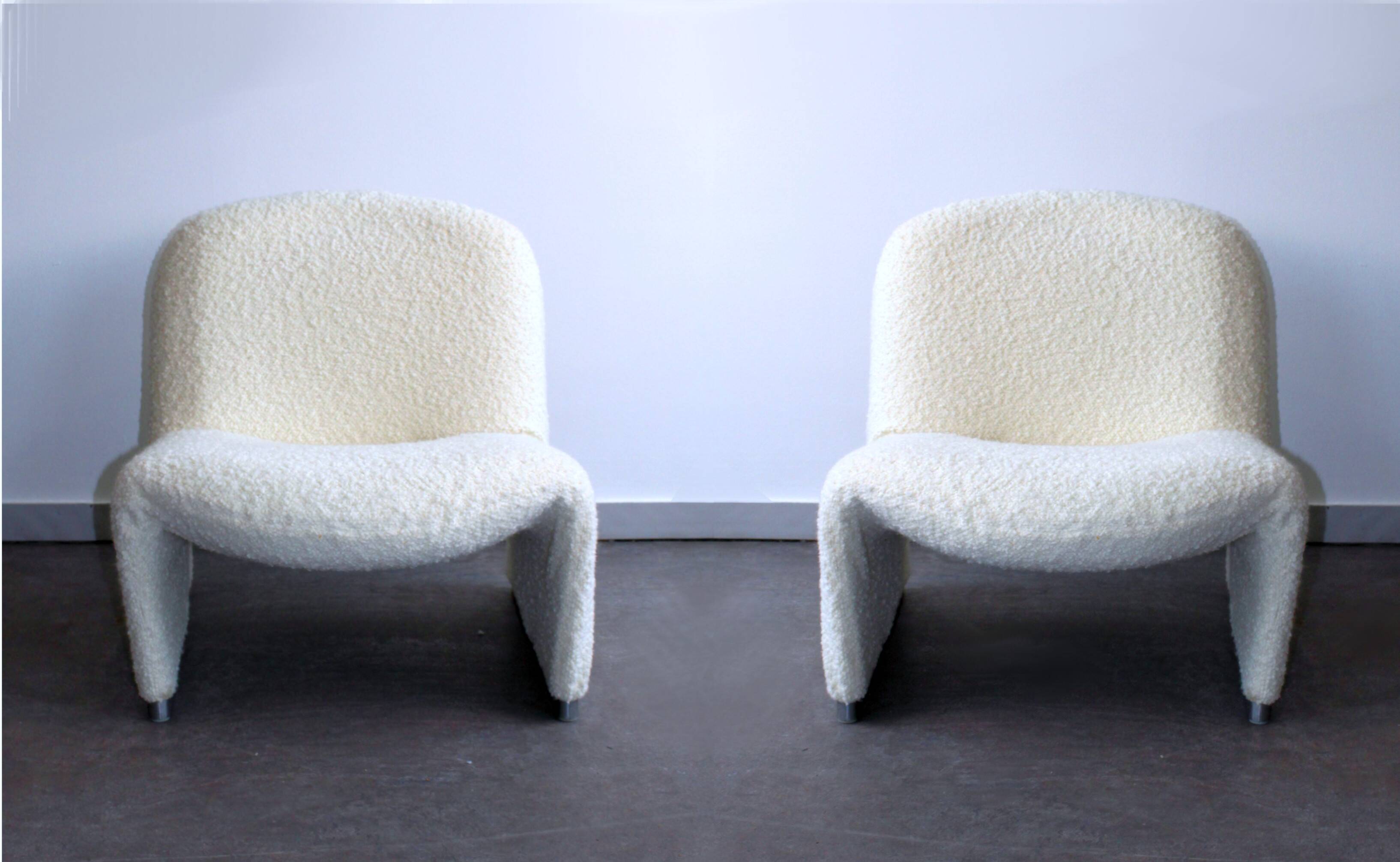 Pair of vintage Alky armchairs in steel and boucle wool by Giancarlo P.