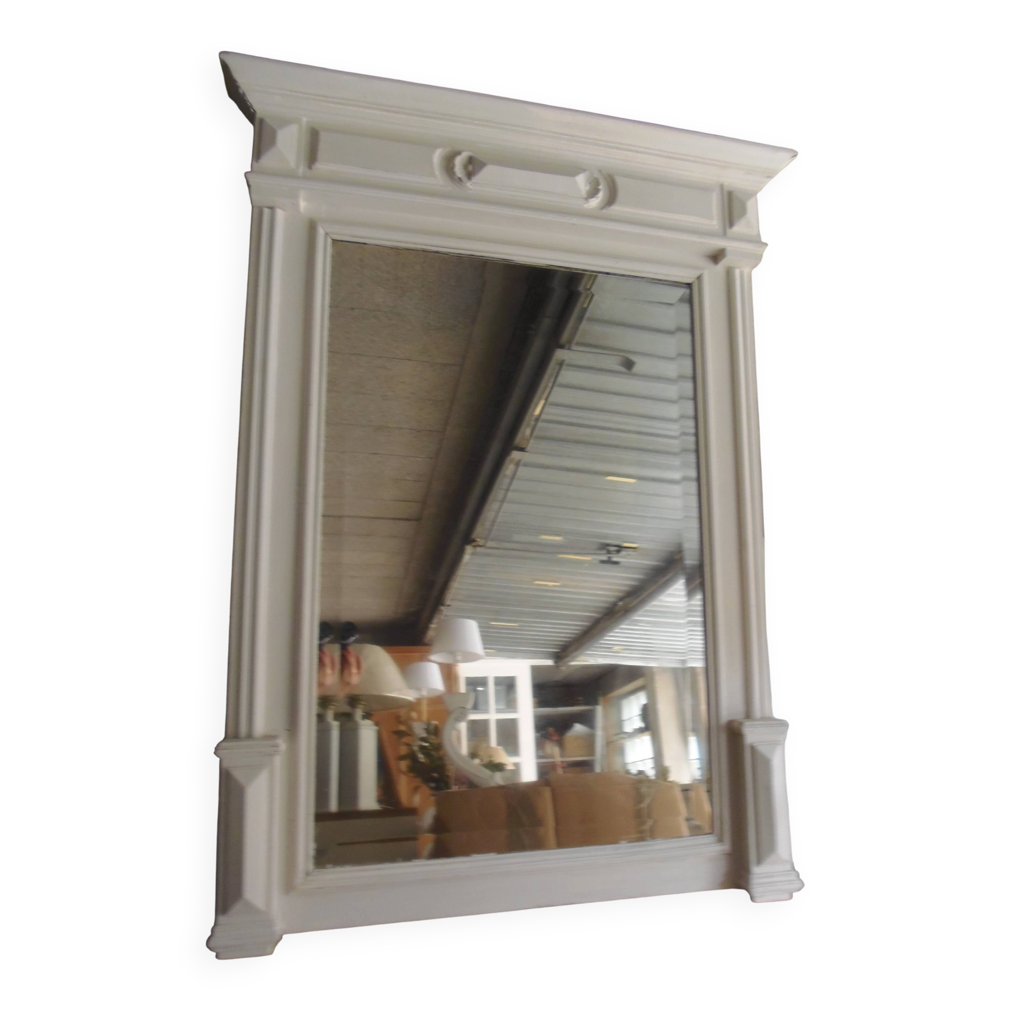 Antique bevelled mirror, frame in pearl grey patinated wood.