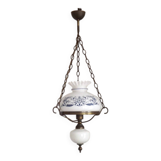 French Country Lantern Ceiling Light Pretty White & Blue Floral Glass Shade 4464