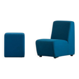 Vintage blue fabric armchair with ottoman, Italy, 1970s