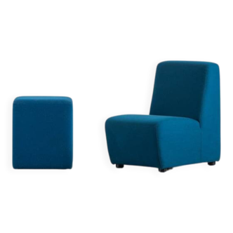 Vintage blue fabric armchair with ottoman, Italy, 1970s