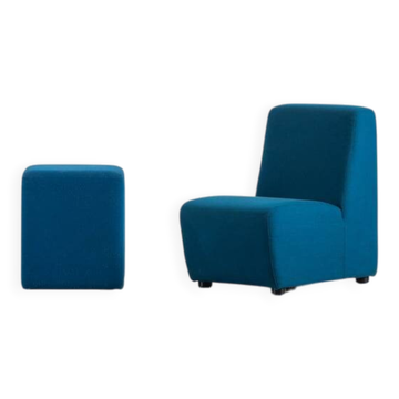 Vintage blue fabric armchair with ottoman, Italy, 1970s