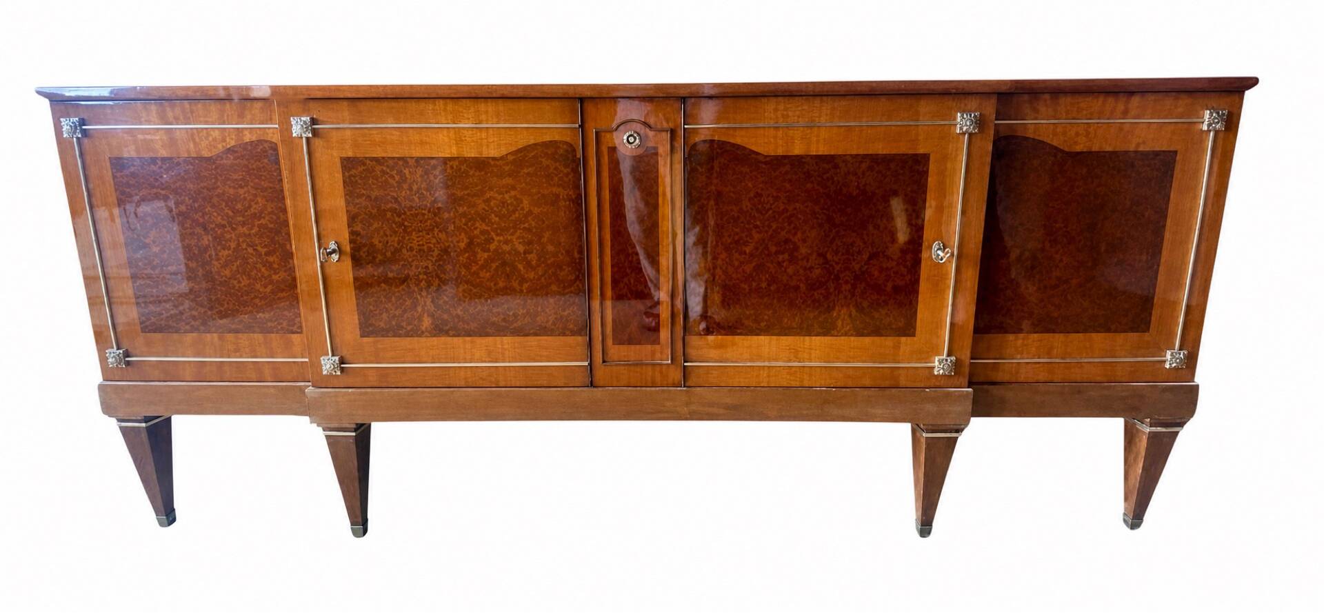 Satin wood sideboard, brass fittings — Mid-Century