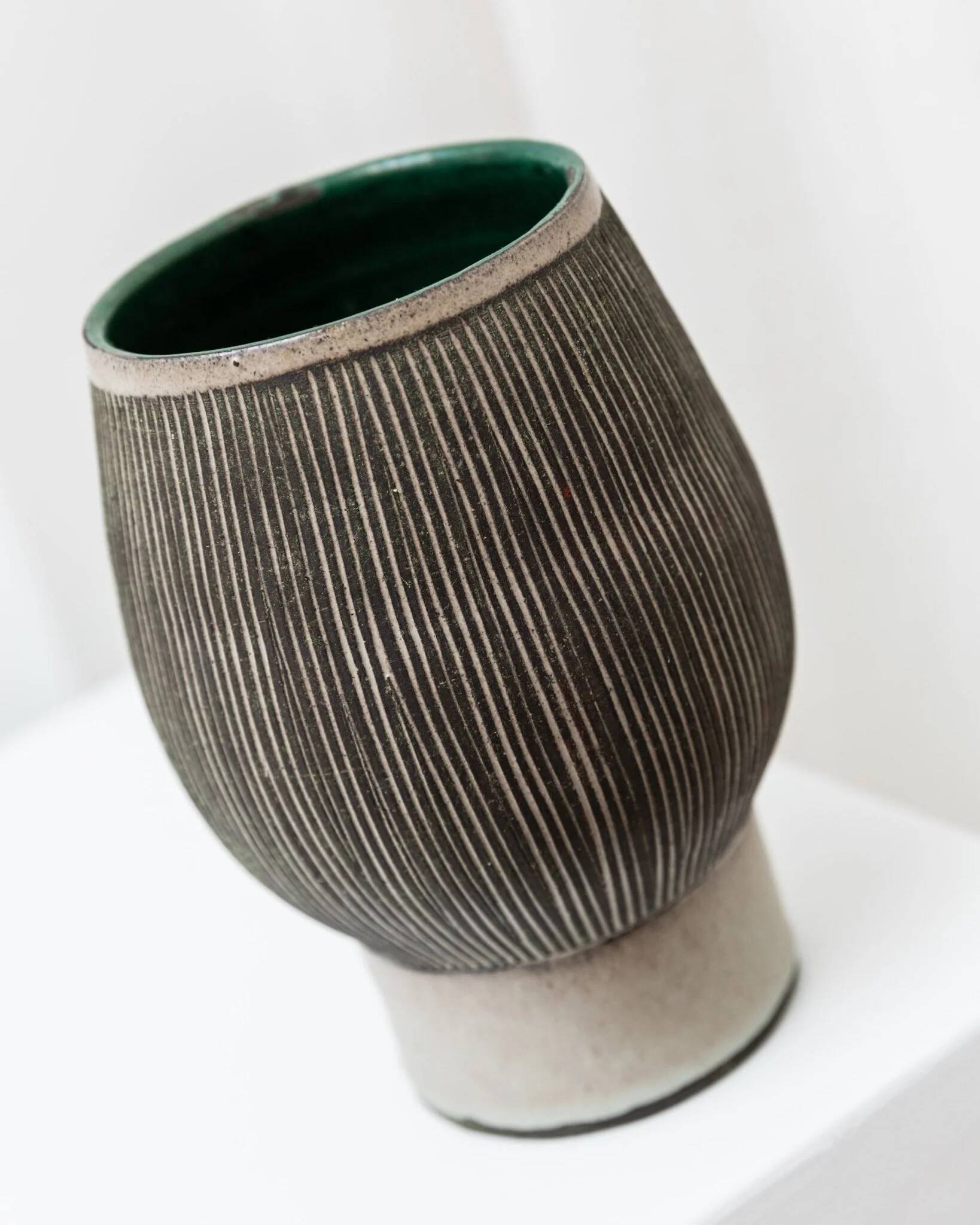Gray and beige ceramic vase, vintage 1970s Danish studio pottery with incised texture
