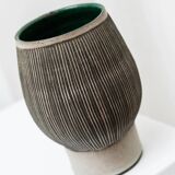 Gray and beige ceramic vase, vintage 1970s Danish studio pottery with incised texture