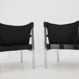 Chaise safari en cuir noir et chrome des années 1970 par johanson design, markaryd