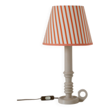 Candlestick lamp, Antique turned wooden base & Striped lampshade