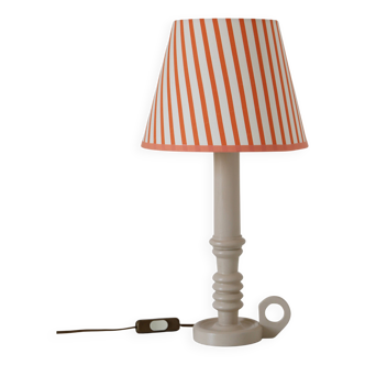 Candlestick lamp, Antique turned wooden base & Striped lampshade