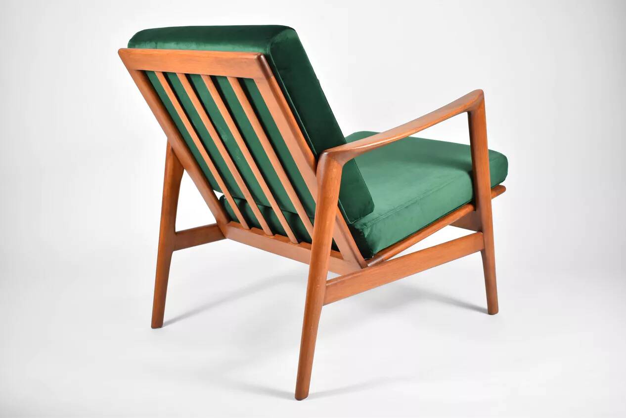 Fauteuil scandinave restauré d'origine, icône des années 60, velour