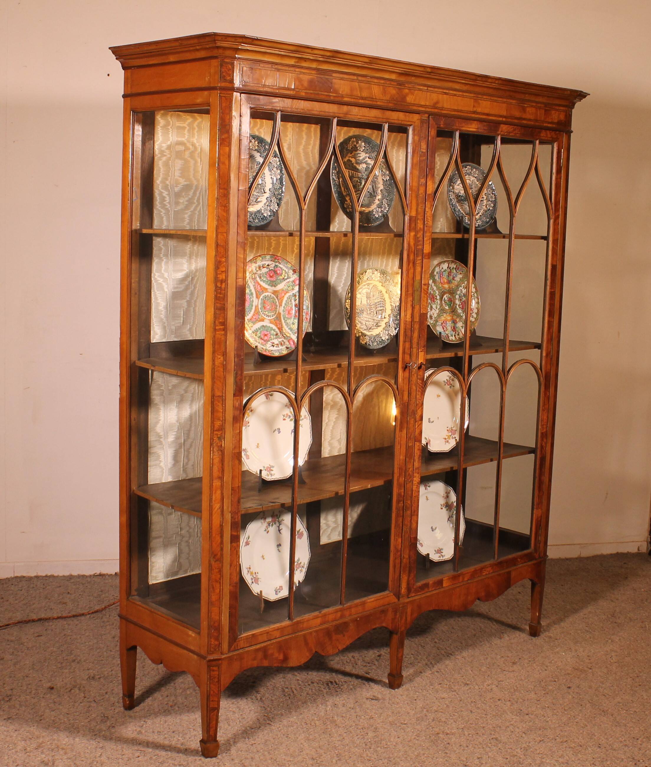 19th Century Mahogany and Burr Walnut Display Cabinet with Lighting