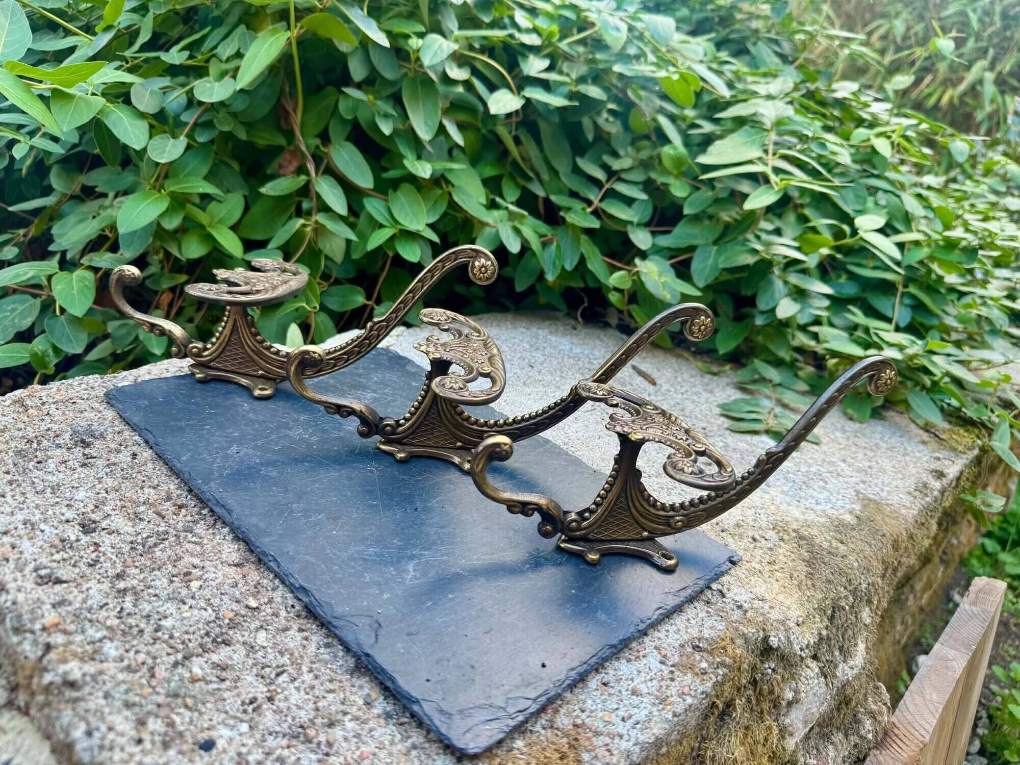 3 vintage Italian baroque brass coat hooks