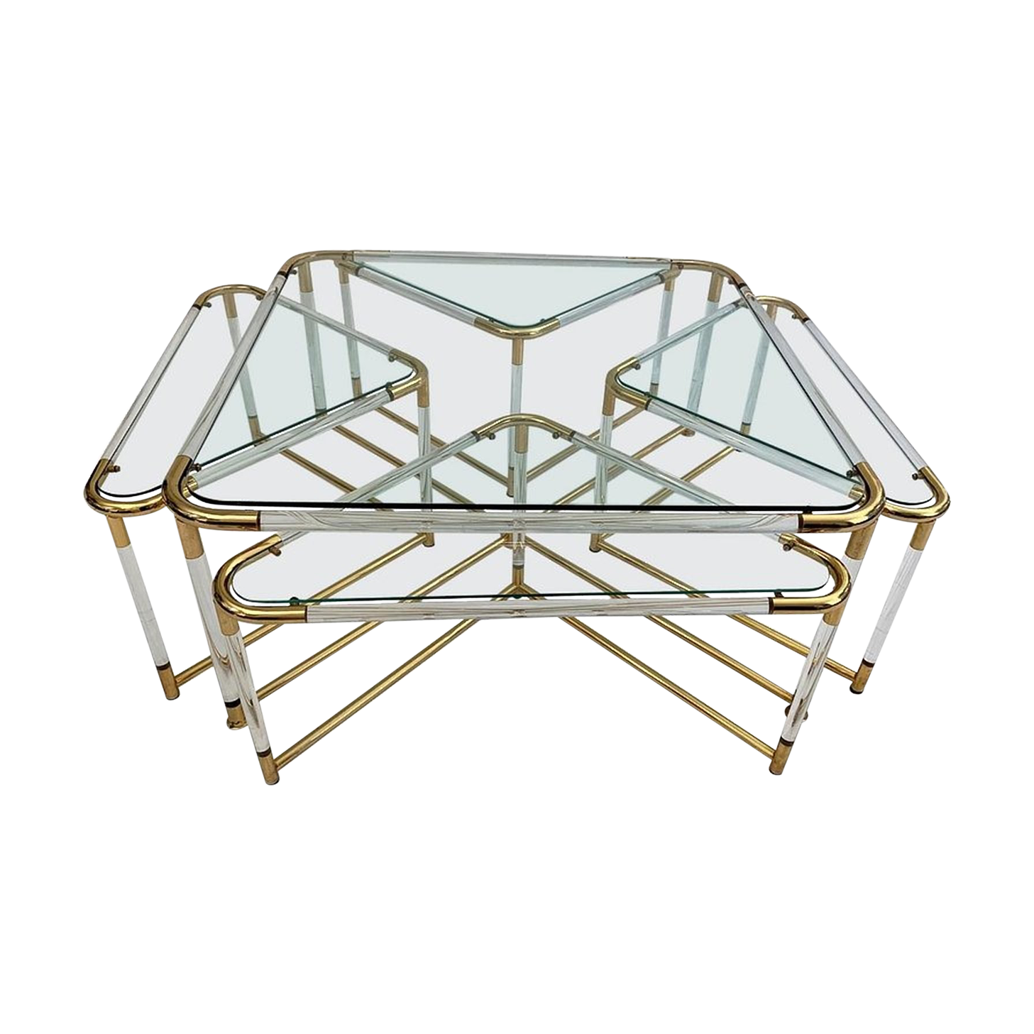 Coffee table and its 4 associated nesting tables in plexiglass and gold metal