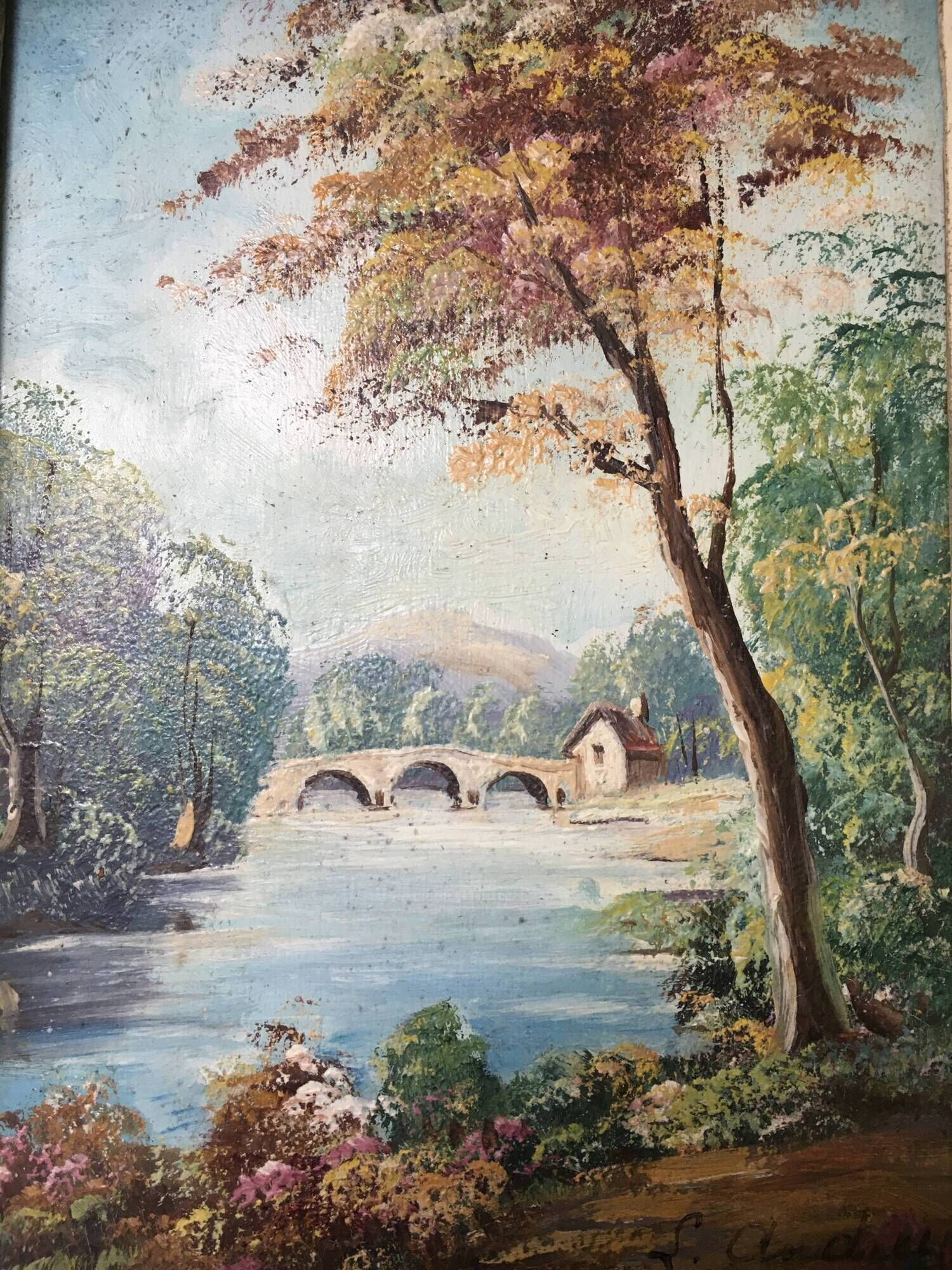 Painting Oil on Wood Bucolic Landscape Signed Louis Andrey