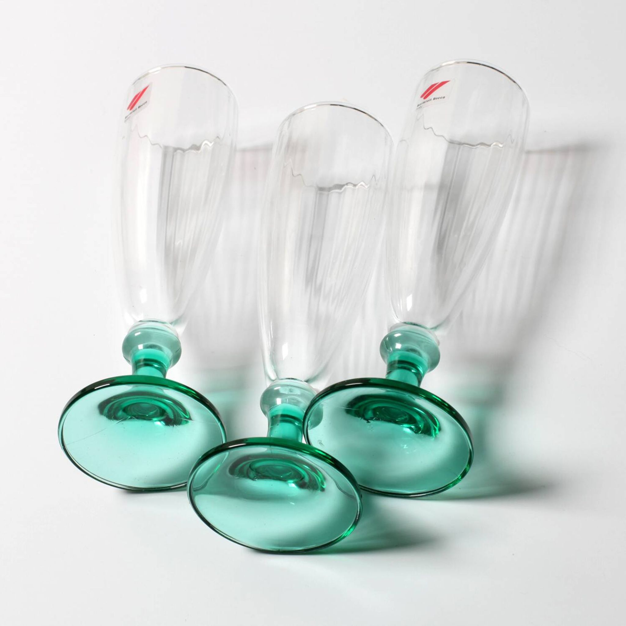 Set of 3 Vintage Green Stem Champagne Flutes: Bormioli Rocco Harmonia, 1990