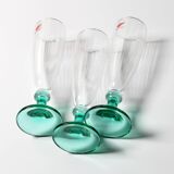 Set of 3 Vintage Green Stem Champagne Flutes: Bormioli Rocco Harmonia, 1990