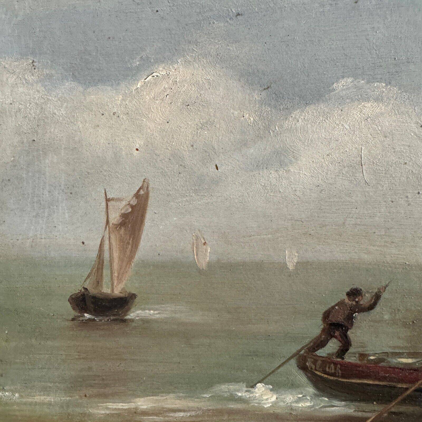 Oil on cardboard by R. Coubinier 1887 boat on a rocky coast