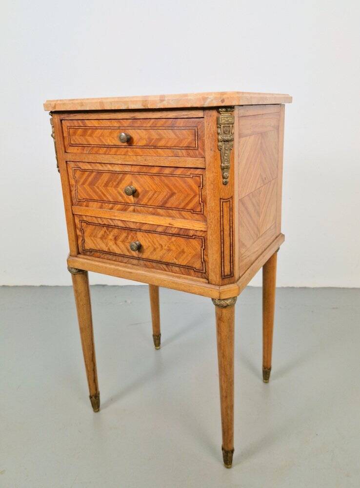 Vintage French Bedside Table with Marble Top and Brass Ornaments, 1920s