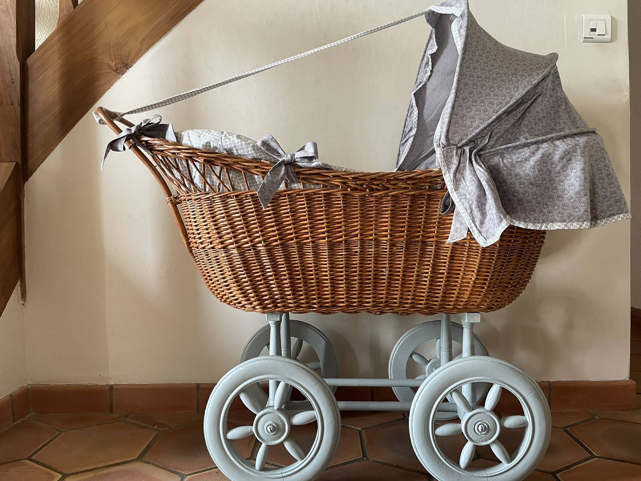 Antique rattan cradle in very good condition. Sold with or without upholstery.