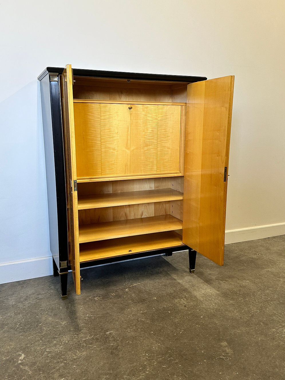 Exquisite 1950s neoclassical sycamore secretaire by Frères De Coene, Belgium.