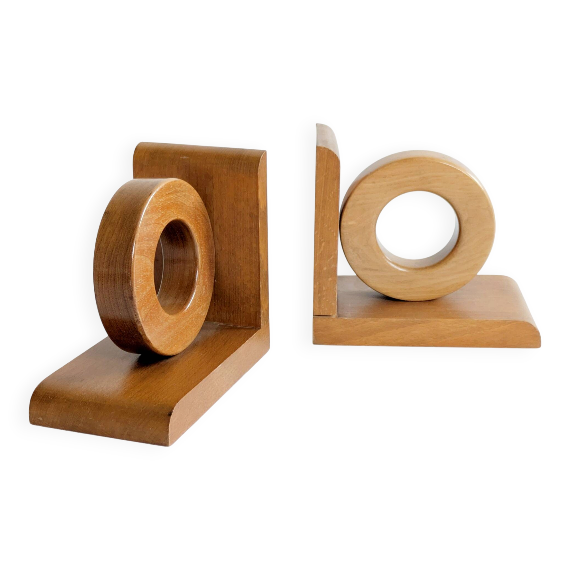 Vintage wooden bookends in Bauhaus mid-century minimalist style.