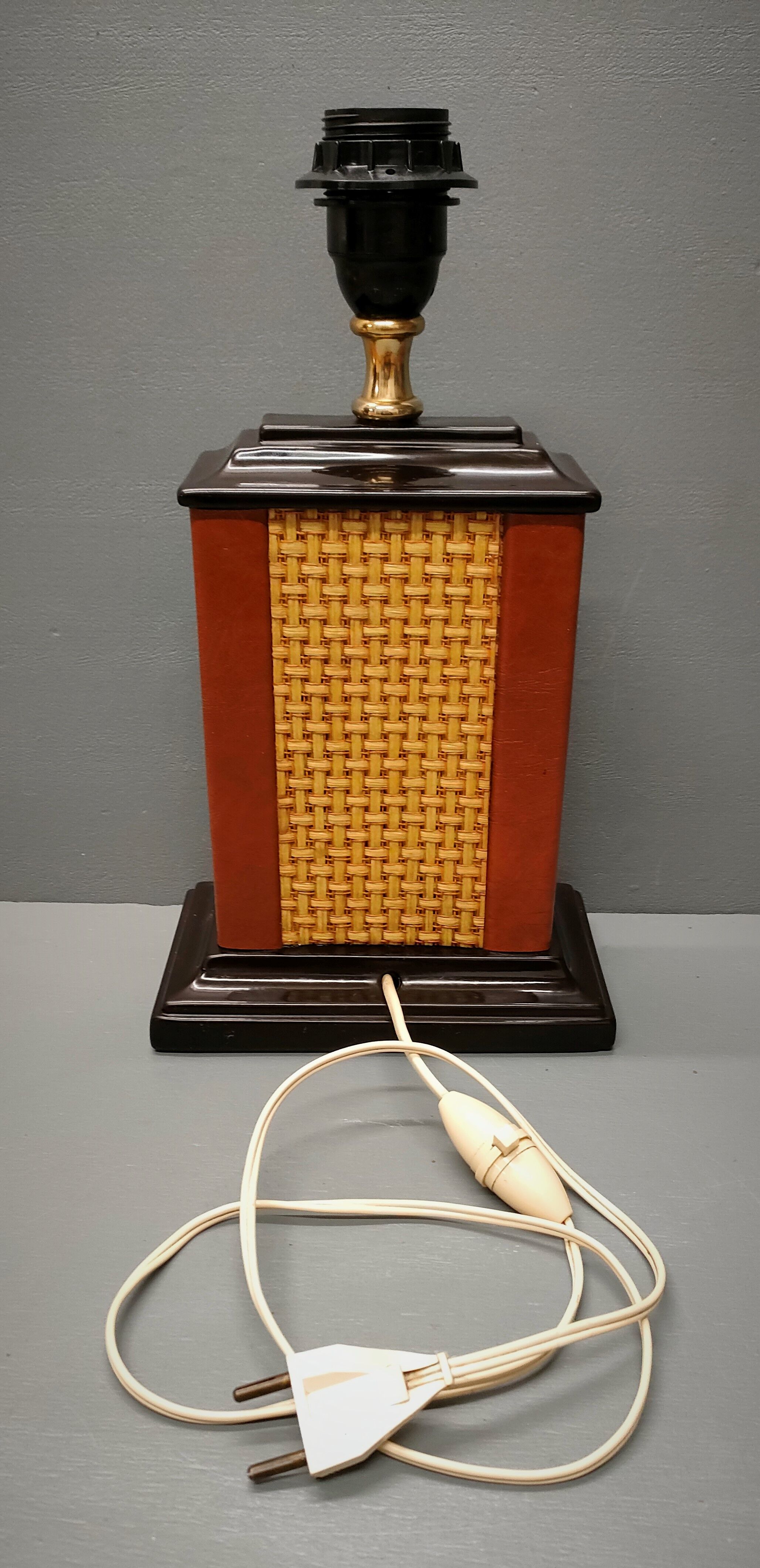 Lamp Le Dauphin black ceramic glazed, wicker canelé, imitation leather havana ~ 70's