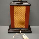 Lamp Le Dauphin black ceramic glazed, wicker canelé, imitation leather havana ~ 70's