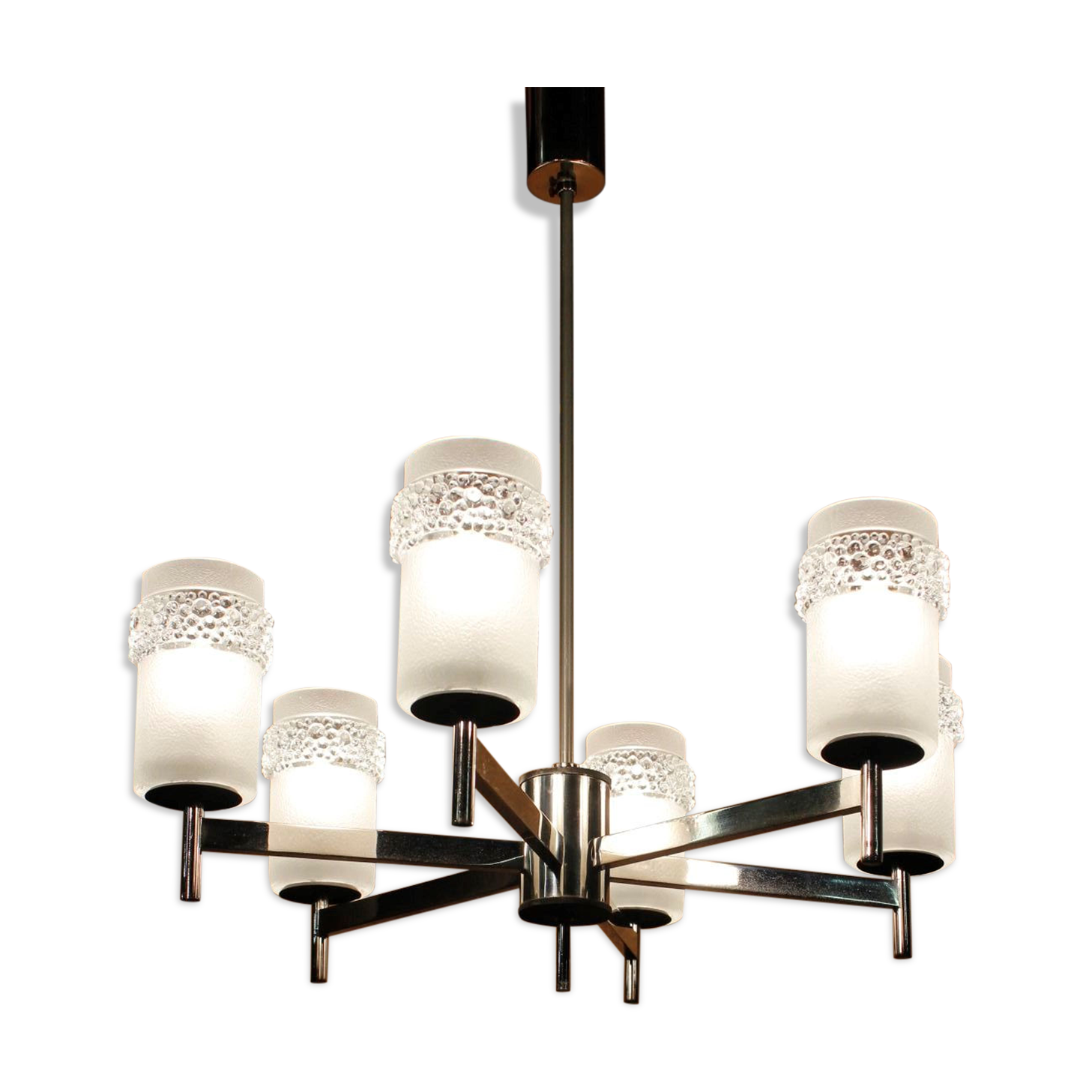 Space age chandelier with 6 lights in chrome and moulded glass by Hillebrand Lighting, 1960s.