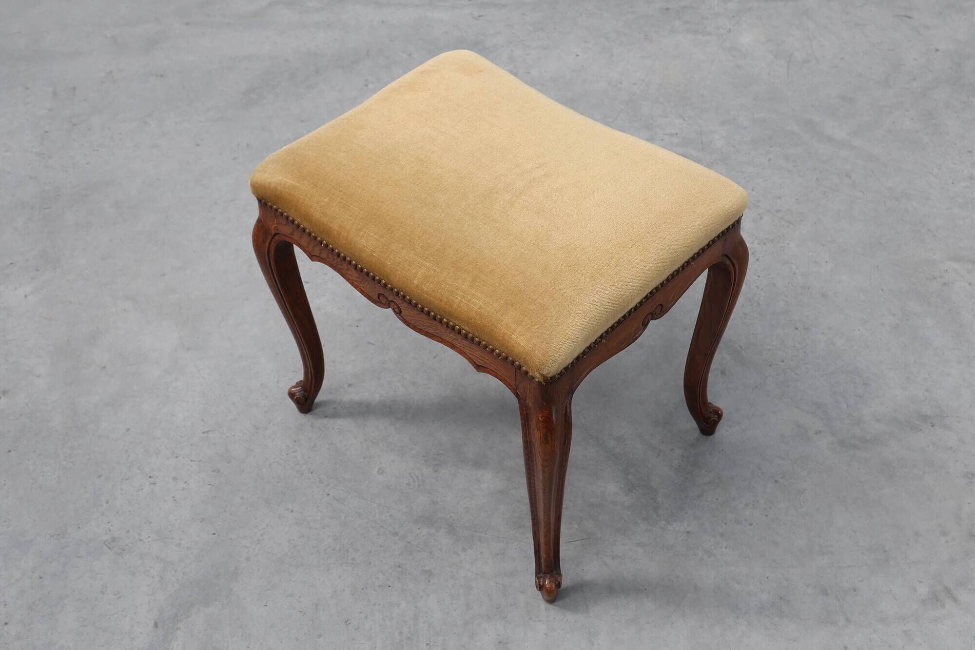 Louis XV Style Walnut Stool with Cabriole Legs and Velvet Seat, France, 20t