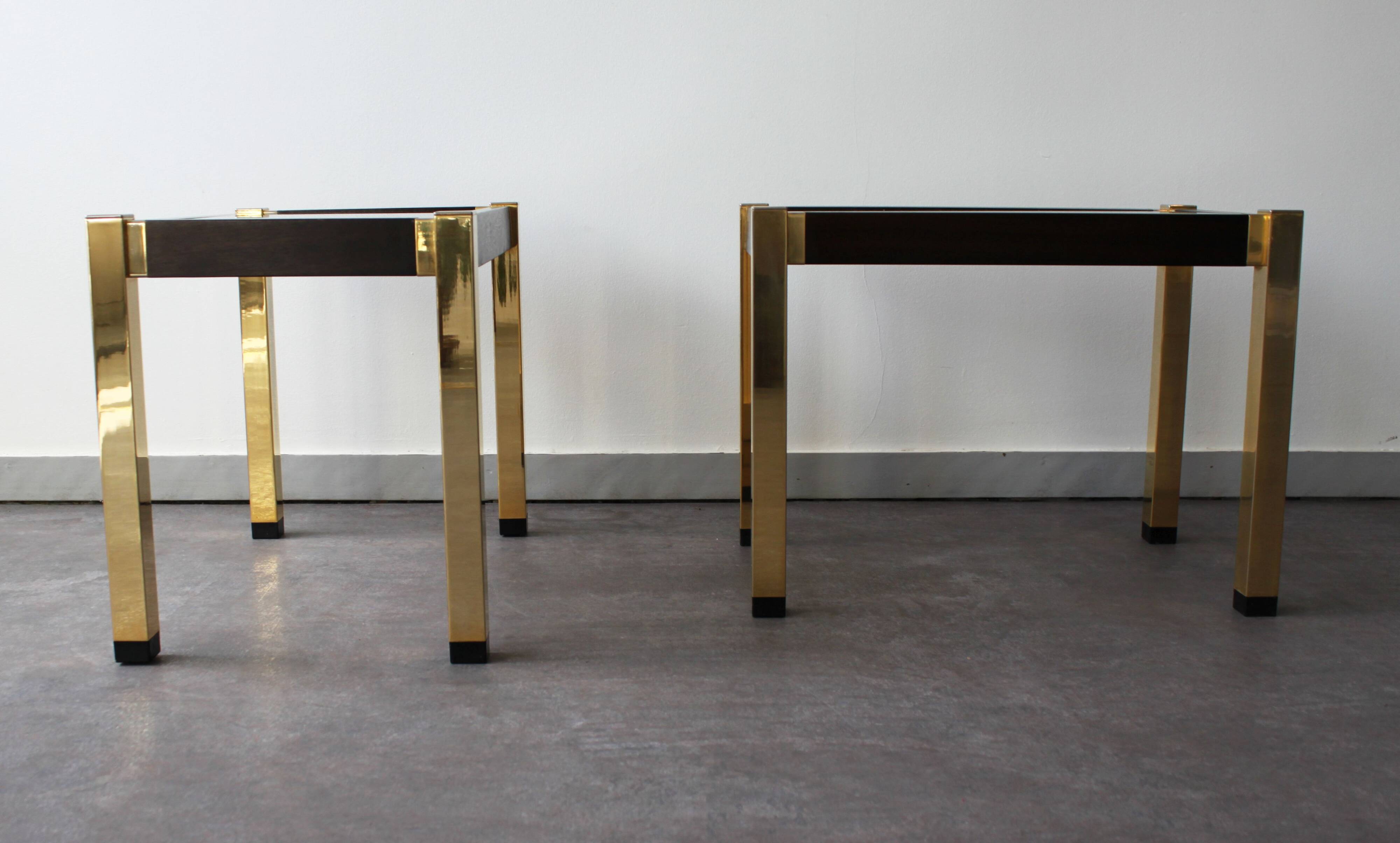 Pair of Hollywood Regency style brass side tables, 70s.