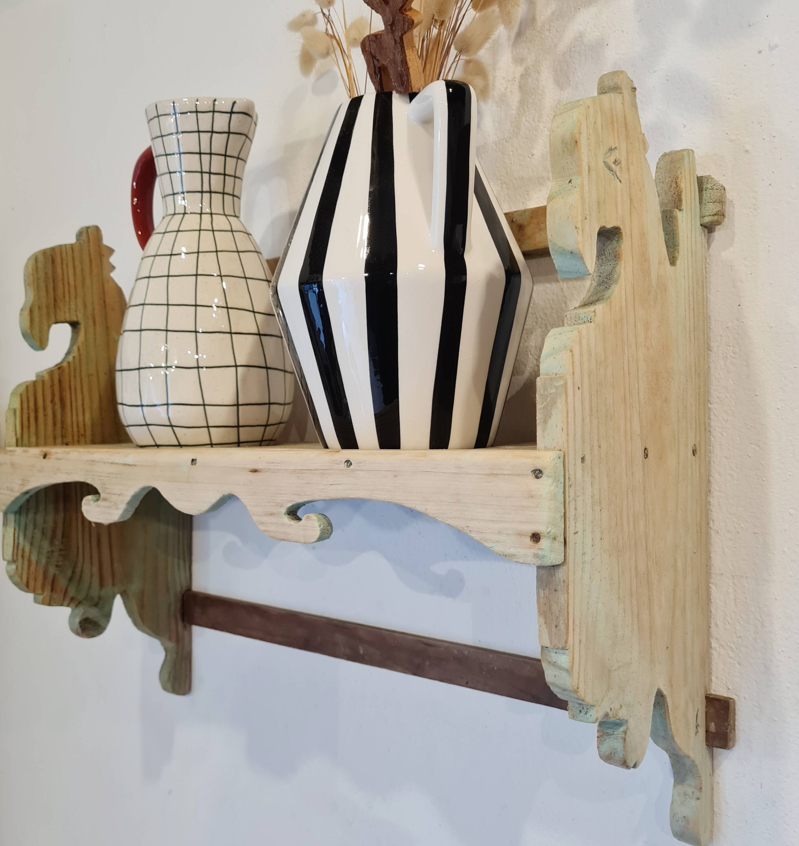 Antique wall shelf in raw wood