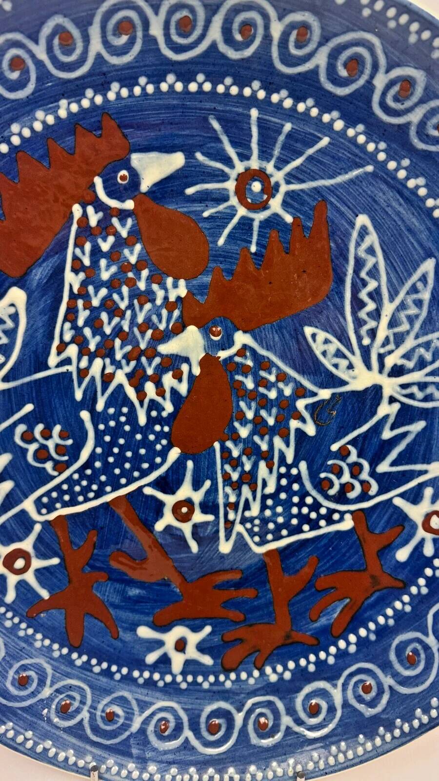 Large ceramic dish with roosters by Svend P. Jørgensen 1966 Ravnild Denmark
