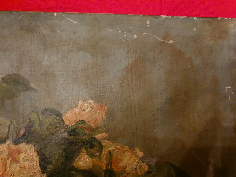 Oil On Ancient Canvas Bouquet De Roses