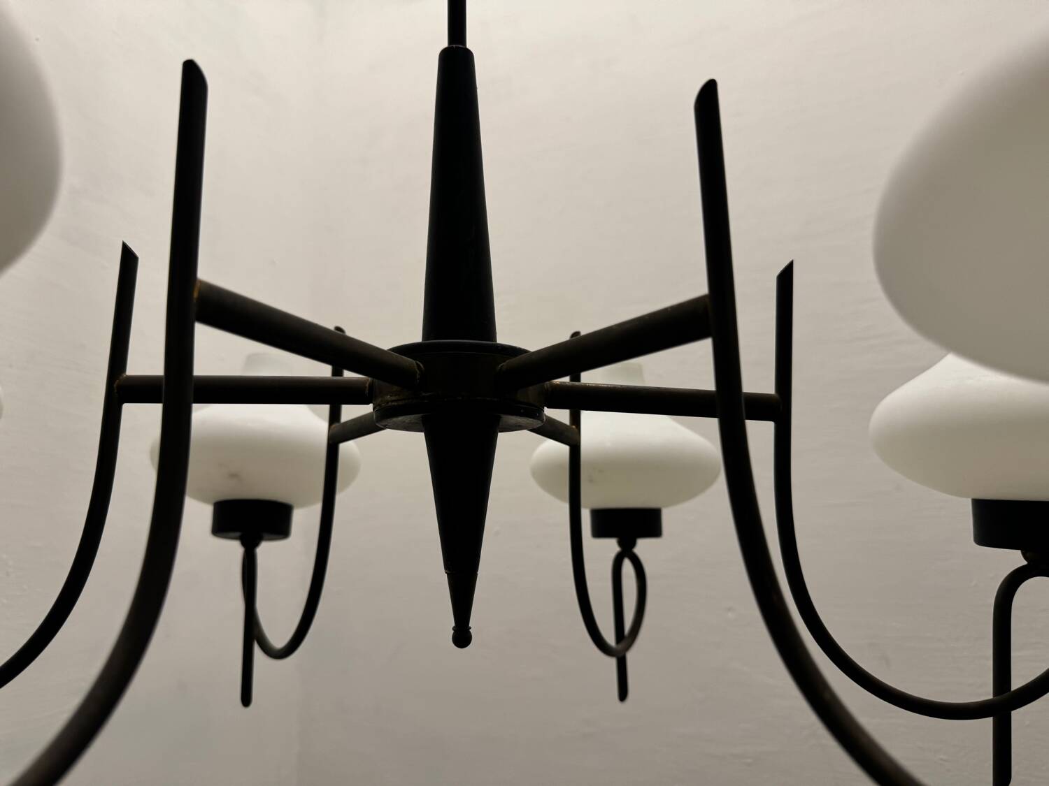 Italian Bronze Opaline Glass Chandelier 1950’s