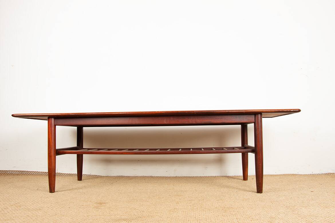 Rosewood and metal tube coffee table, two levels, Denmark 1960.