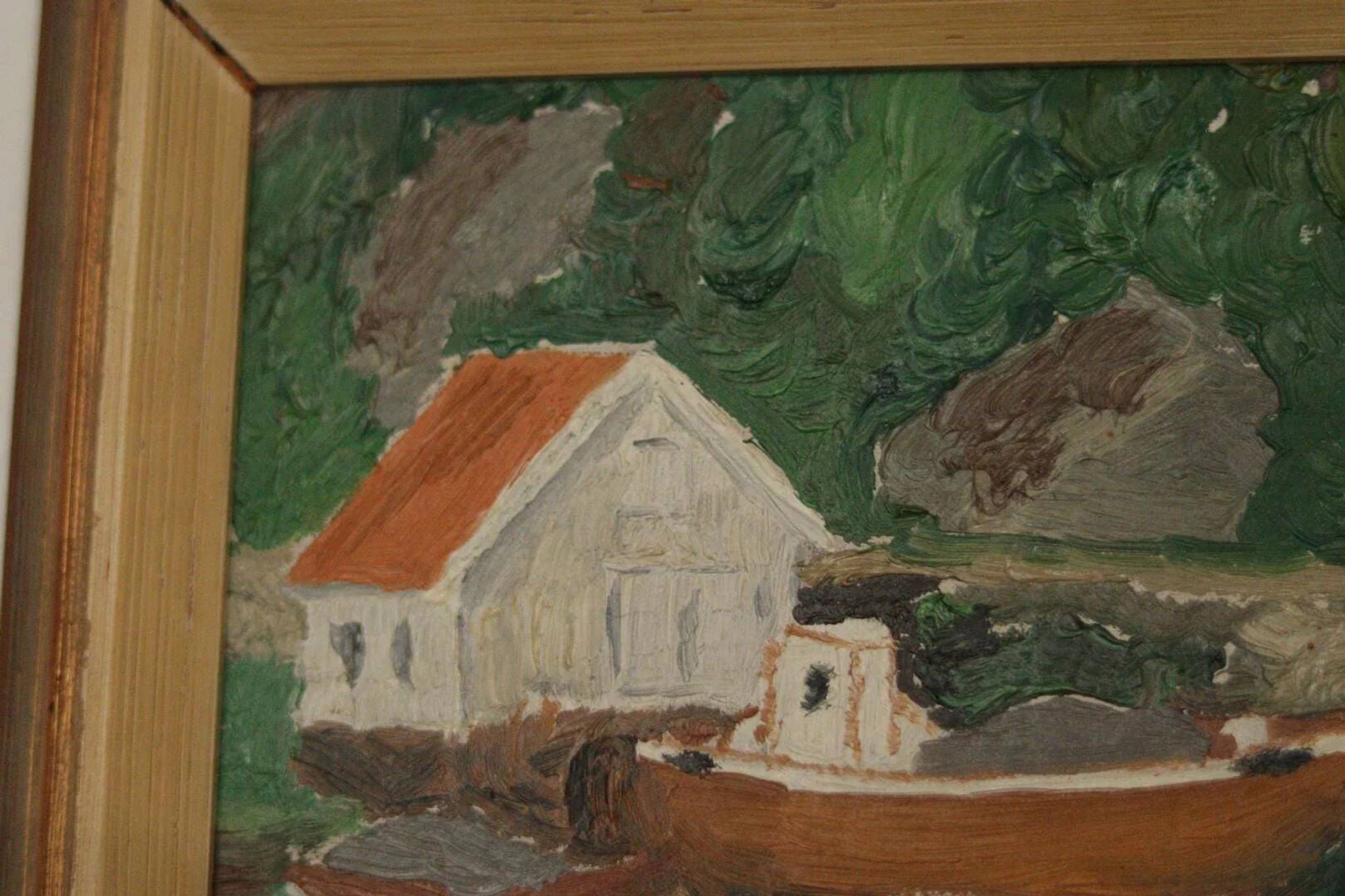 Huile sur toile originale européenne — Maison au bord du lac