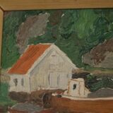 Huile sur toile originale européenne — Maison au bord du lac