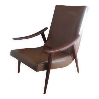 Fauteuil vintage Boomerang 1950 simili cuir marron