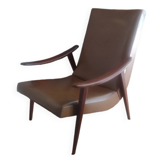 Vintage Boomerang armchair 1950 brown imitation leather