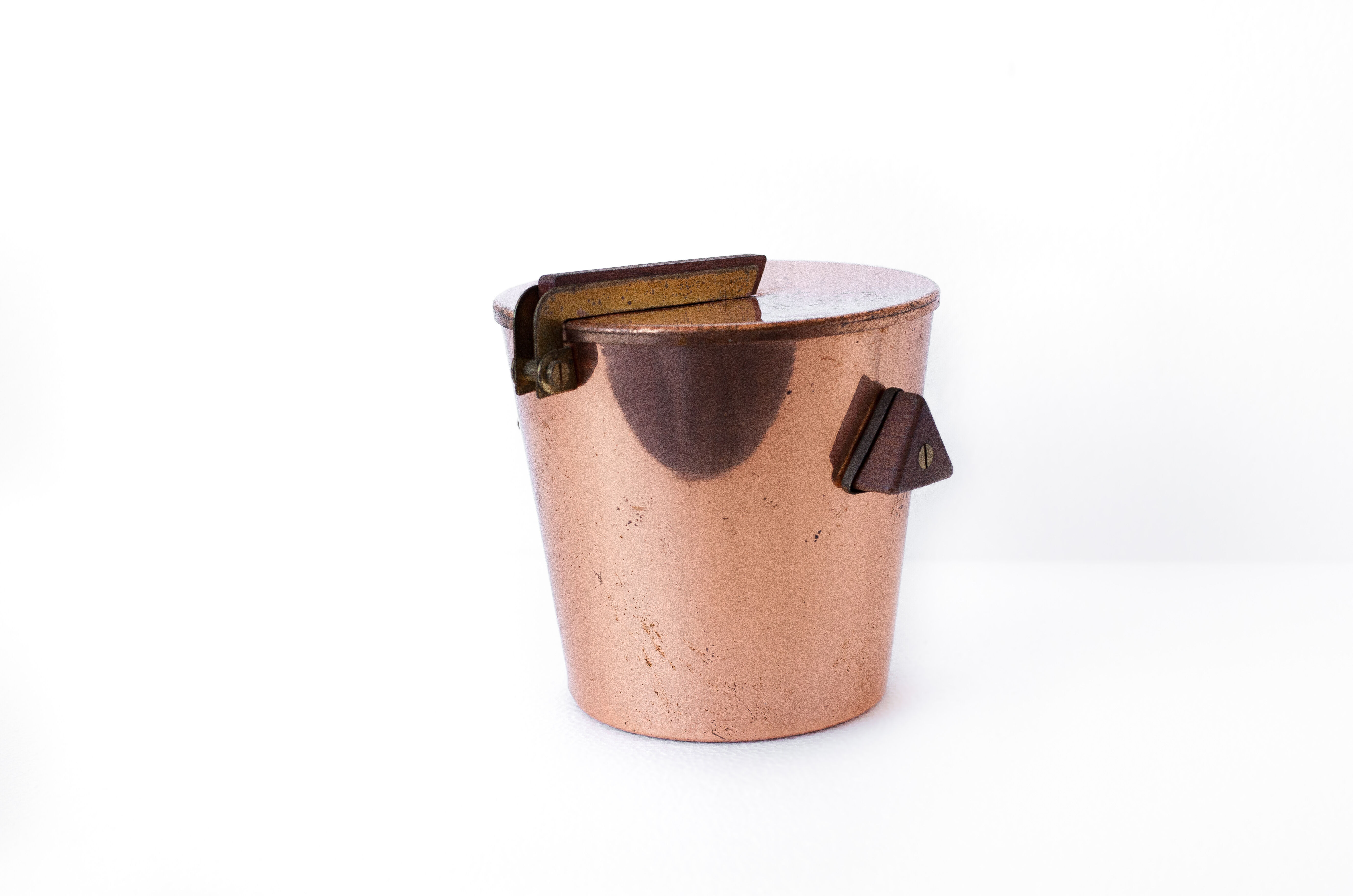 vintage ice bucket, copper ice bucket, wood handles, cooler, cooler