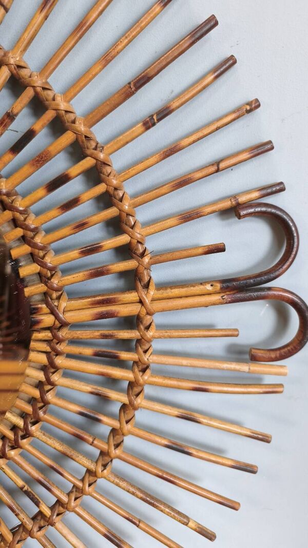 Miroir soleil en rotin et bambou : vintage 1960