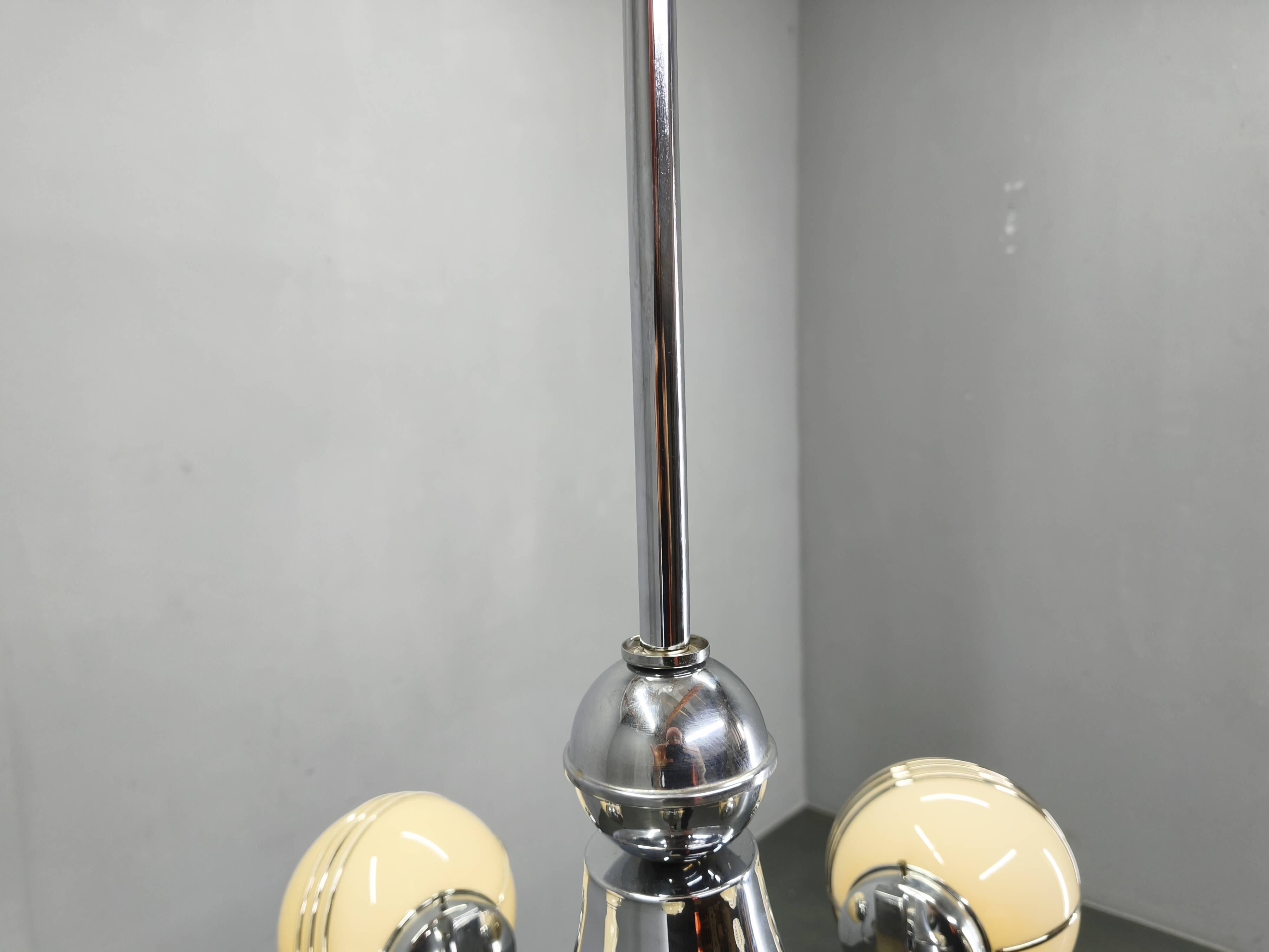 Art Deco Chrome and Glass Chandelier, 5 Globes, 1930s